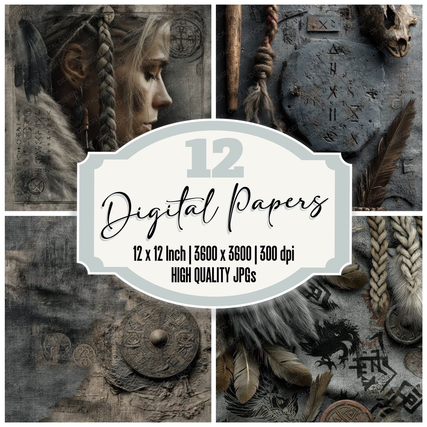 Collage Viking Shield Woman Digital Paper Pack (DDD001174)