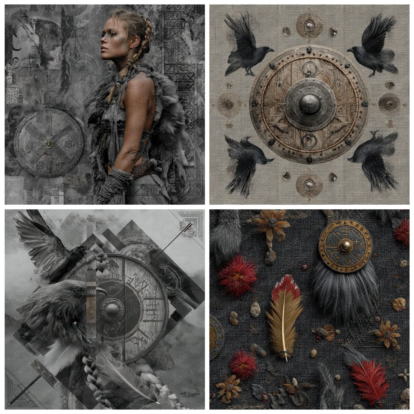 Collage Viking Shield Woman Digital Paper Pack (DDD001174)
