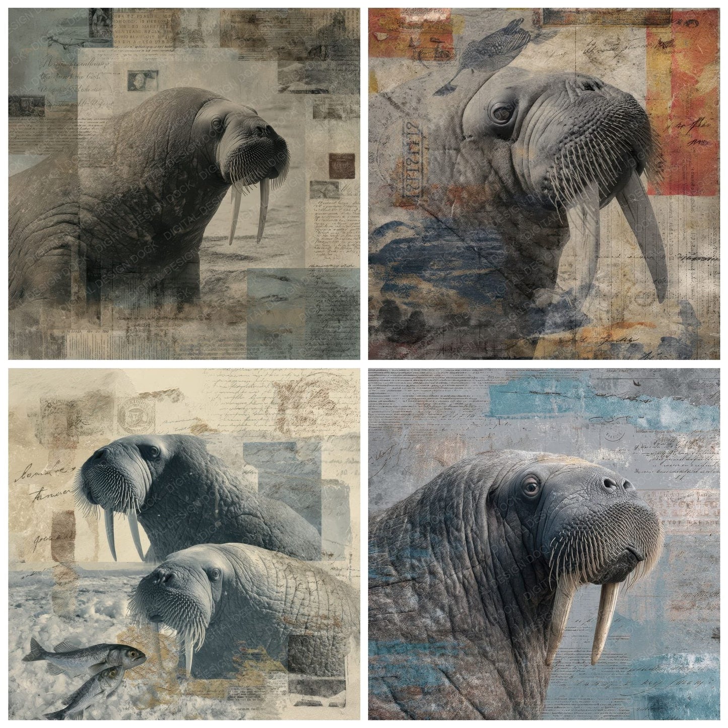 Collage Walrus Arctic Shore Digital Paper Pack (DDD001178)