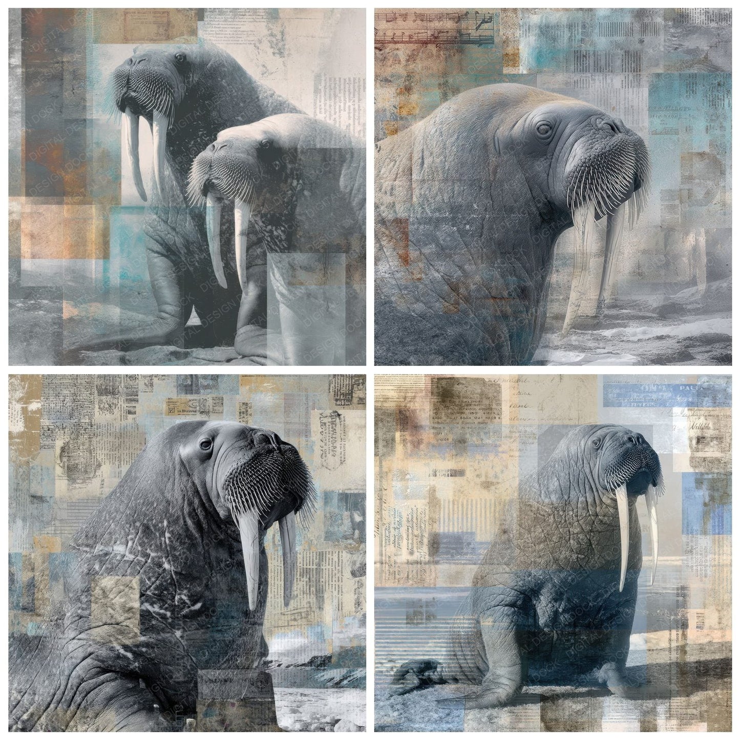 Collage Walrus Arctic Shore Digital Paper Pack (DDD001178)