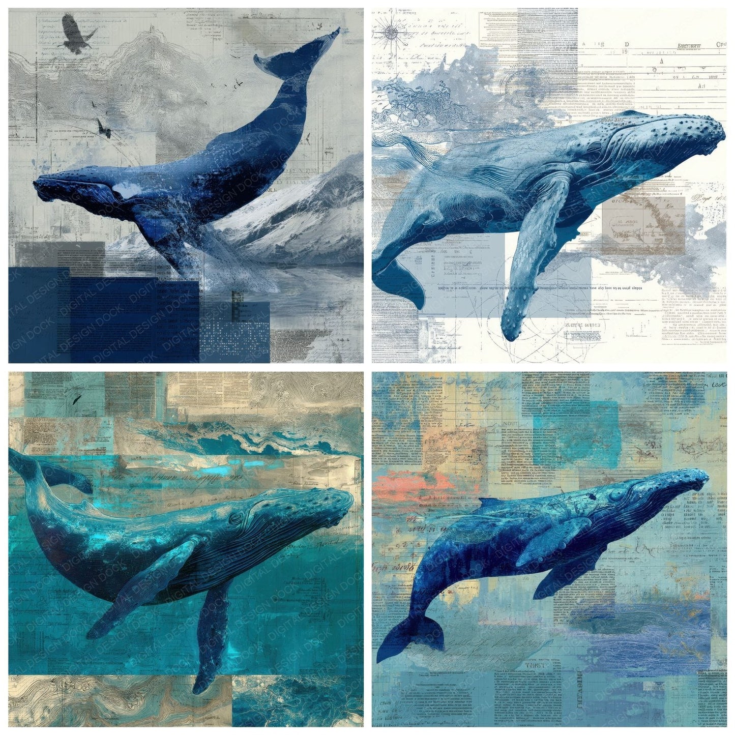 Collage Whale Deep Ocean Map Digital Paper Pack (DDD001181)