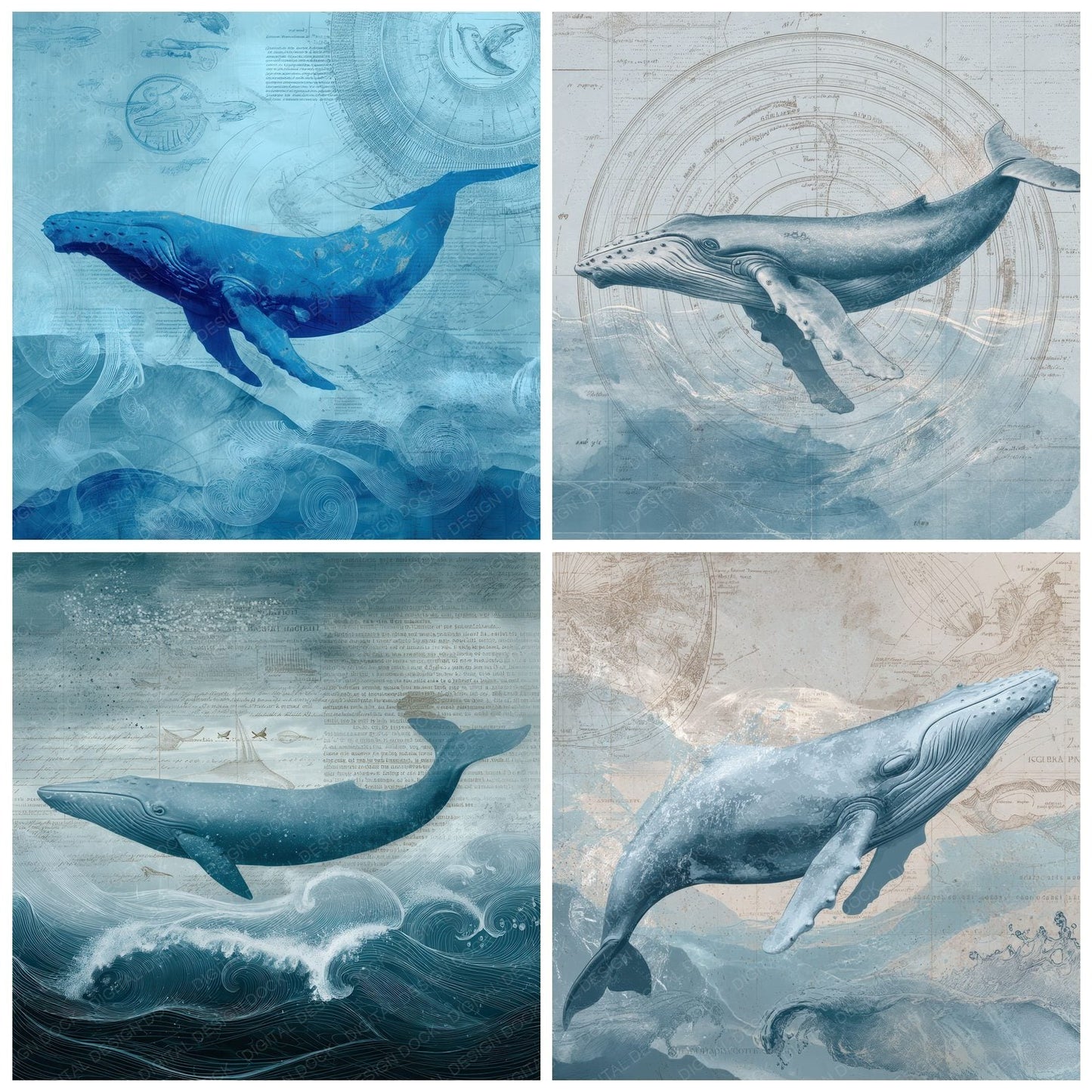 Collage Whale Ocean Map Drift Digital Paper Pack (DDD001182)
