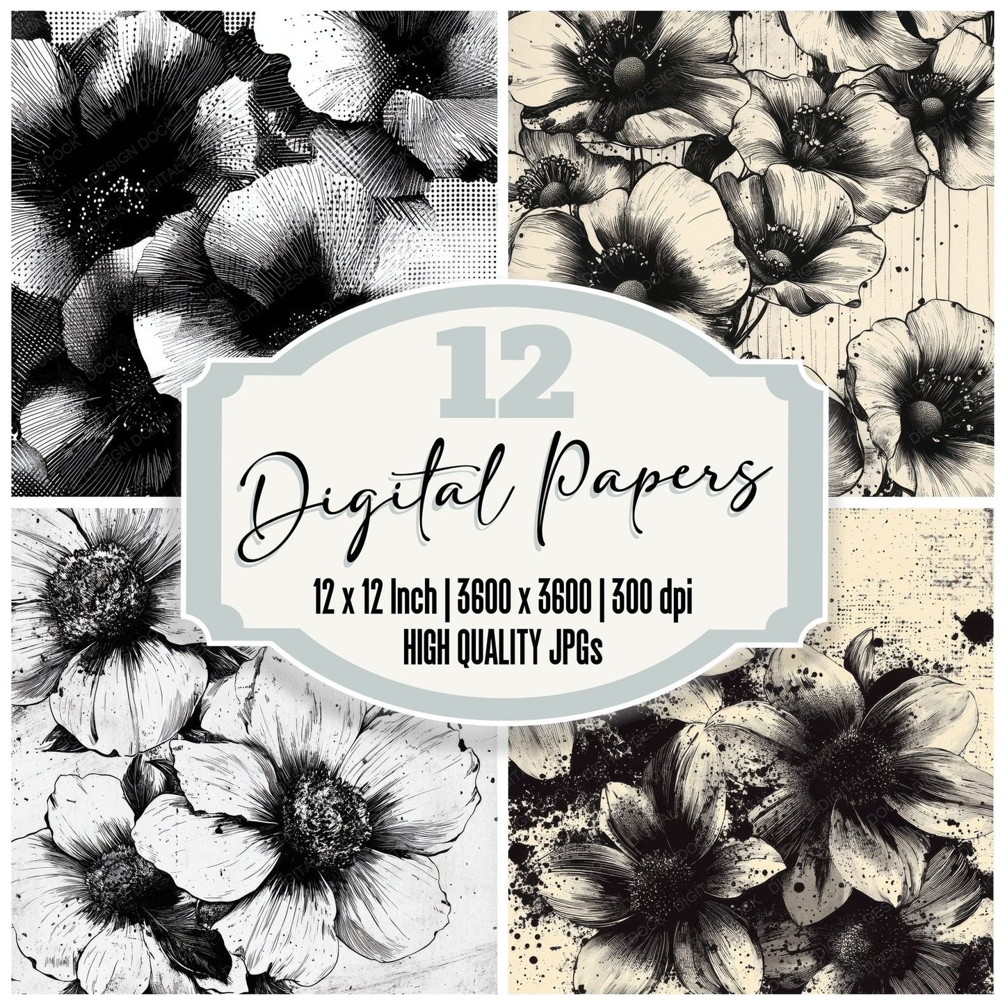 Comic Ink Flowers Digital Paper Pack (DDD001215)