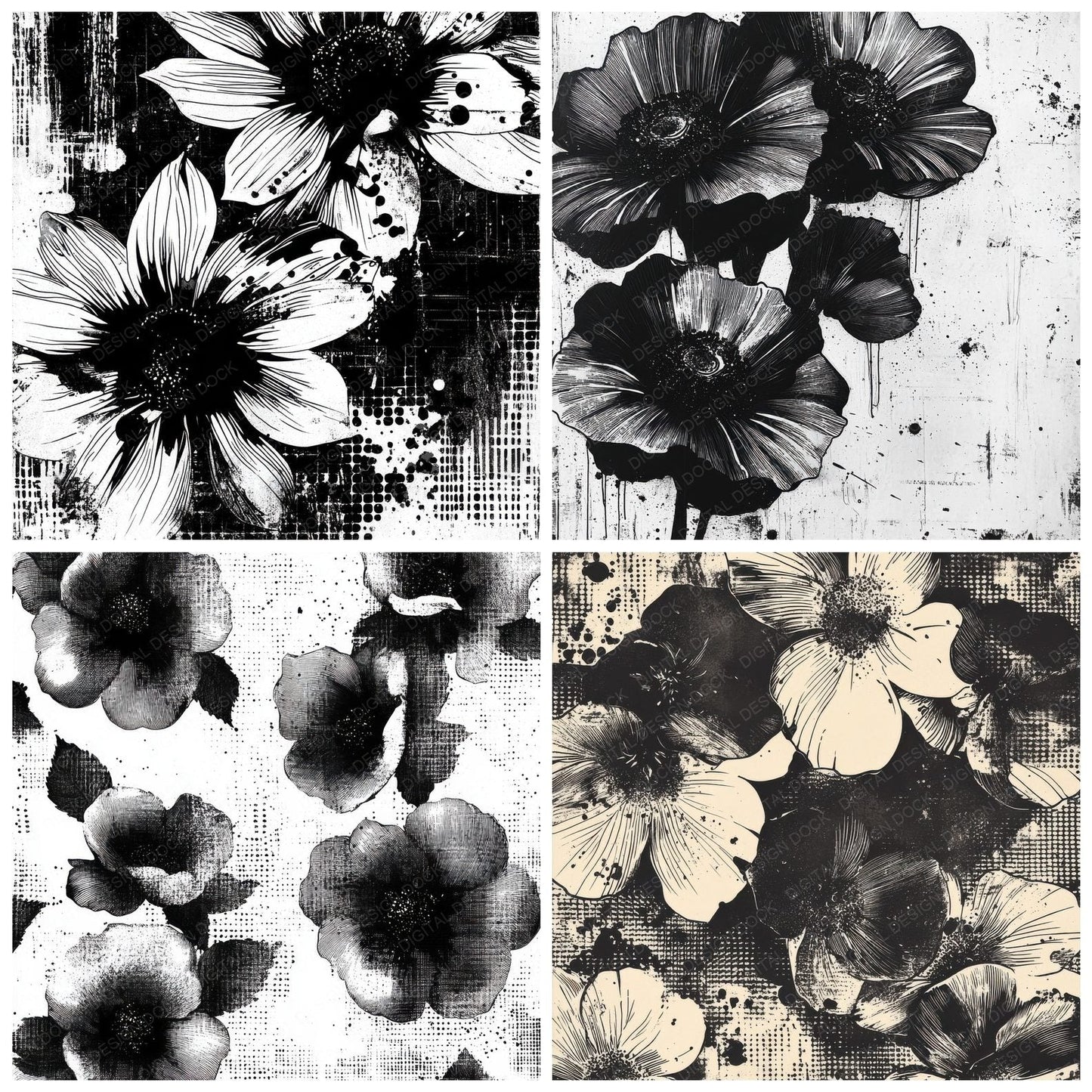 Comic Ink Flowers Digital Paper Pack (DDD001215)