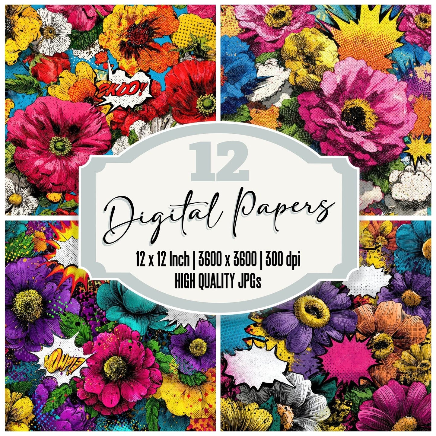 Comic Panel Pop Flower Digital Paper Pack (DDD001216)