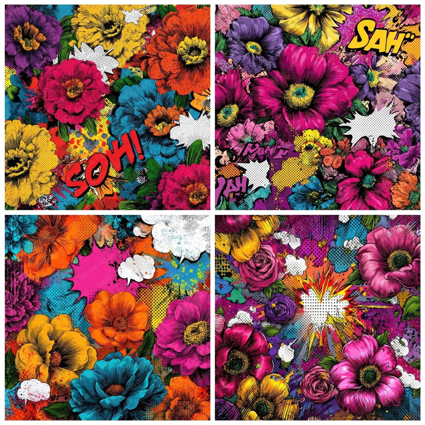 Comic Panel Pop Flower Digital Paper Pack (DDD001216)
