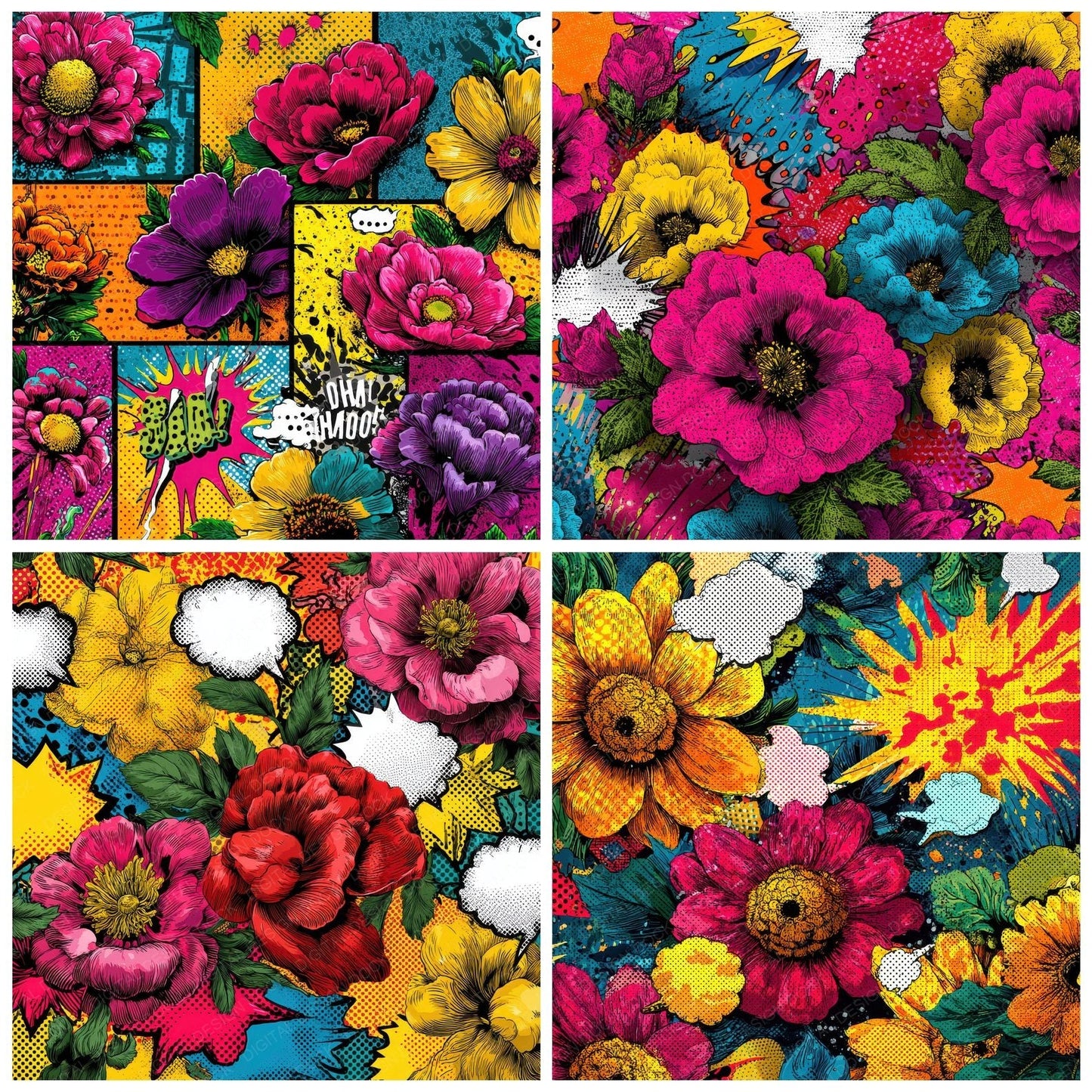 Comic Panel Pop Flower Digital Paper Pack (DDD001216)