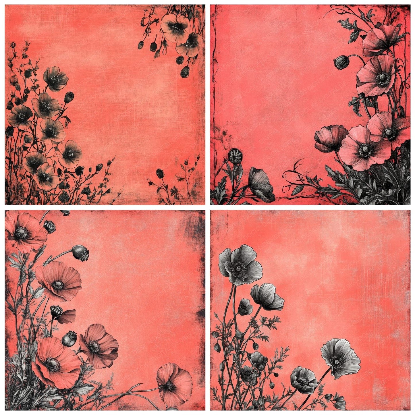 Coral Poppy Border Digital Paper Pack (DDD001251)