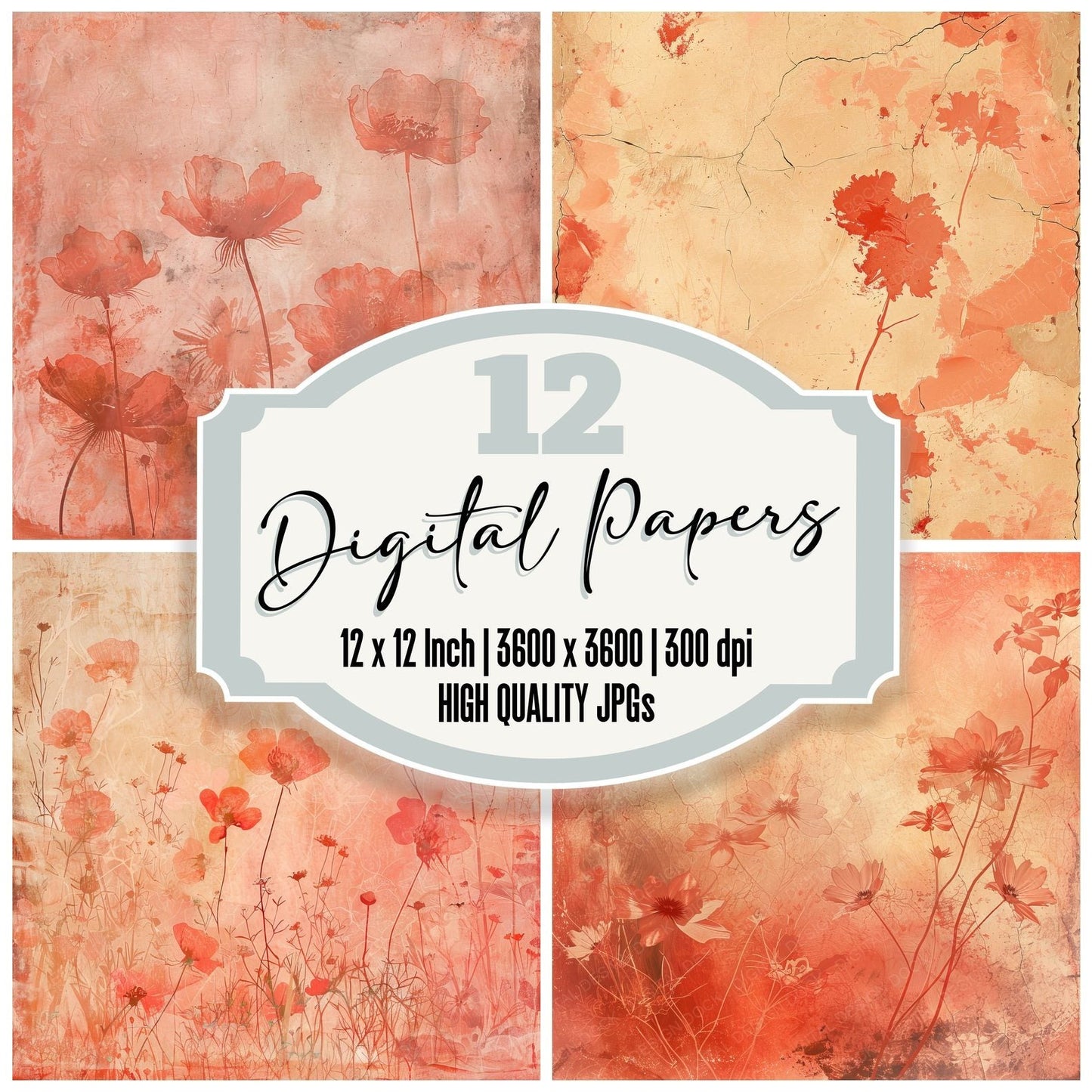 Coral Red Floral Digital Paper Pack (DDD001252)