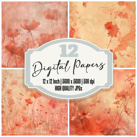 Coral Red Floral Digital Paper Pack (DDD001252)