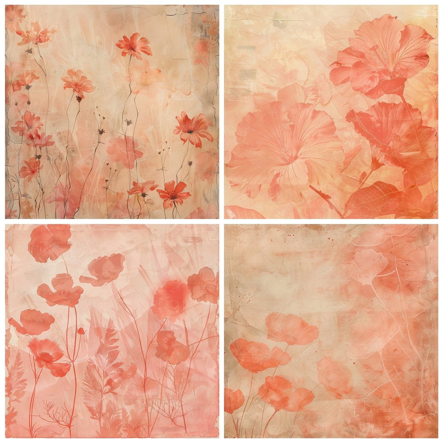 Coral Red Floral Digital Paper Pack (DDD001252)