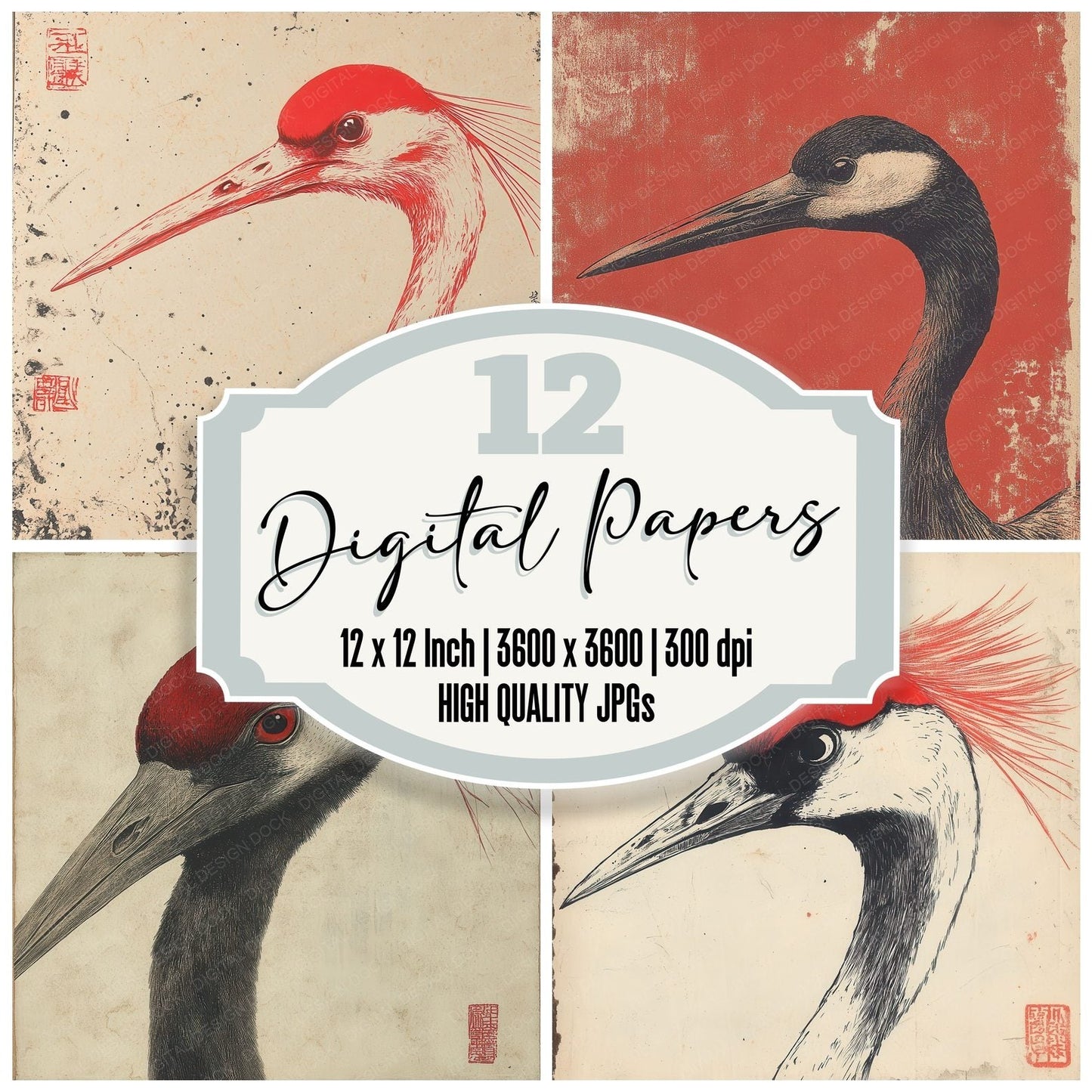 Crane Ink Stamp Digital Paper Pack (DDD001313)