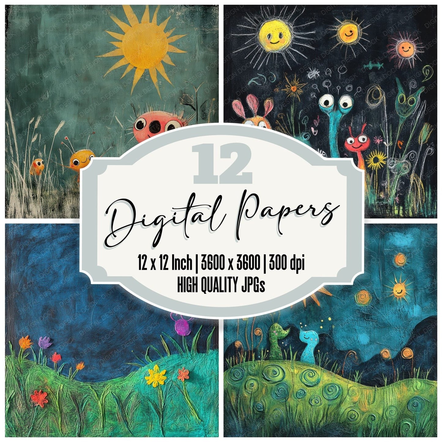 Crayon Creature Field Digital Paper Pack (DDD001315)