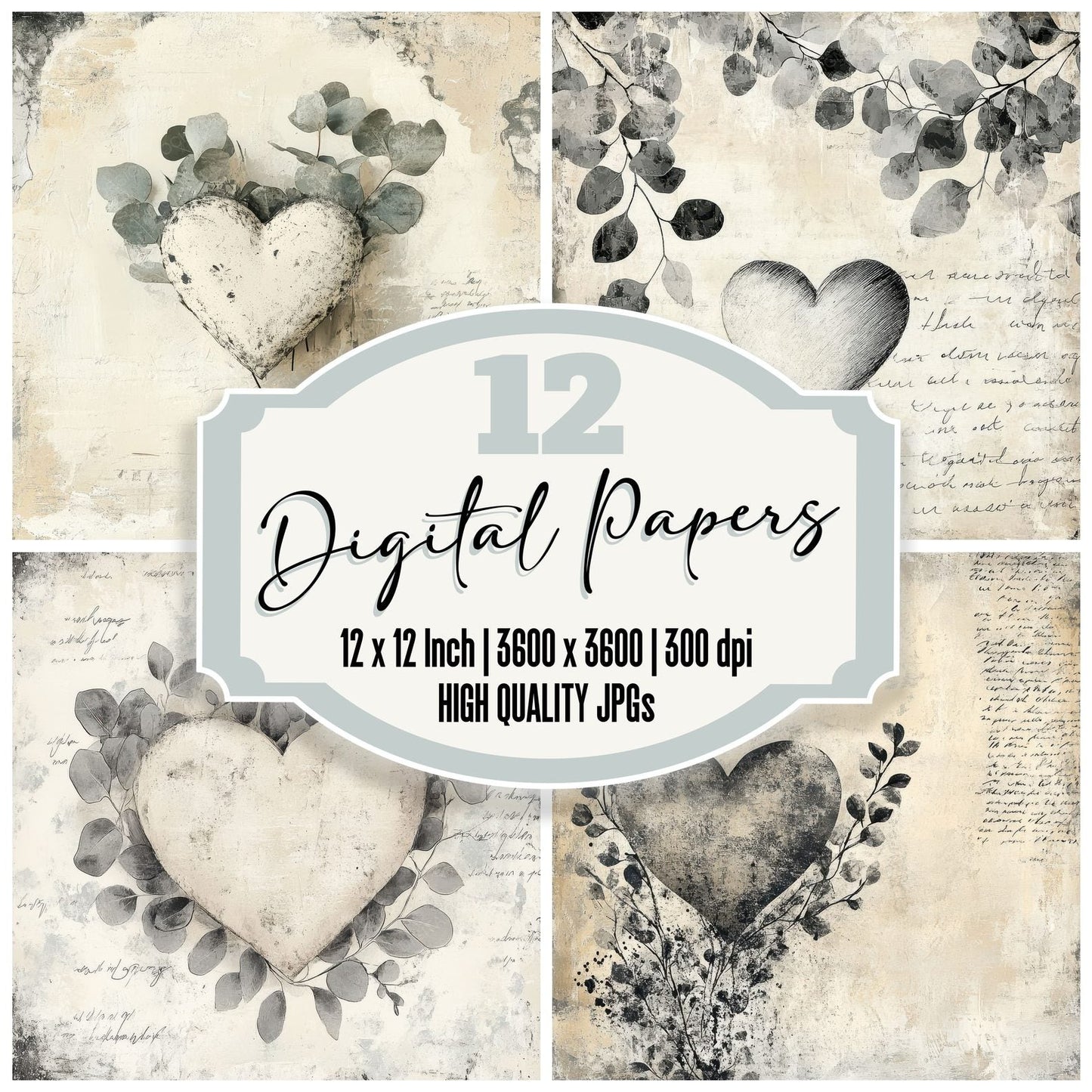 Cream Eucalyptus Heart Digital Paper Pack (DDD001318)
