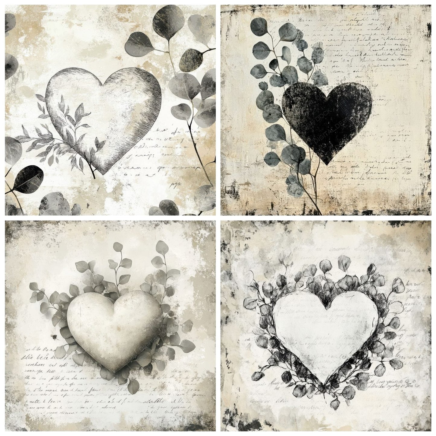 Cream Eucalyptus Heart Digital Paper Pack (DDD001318)