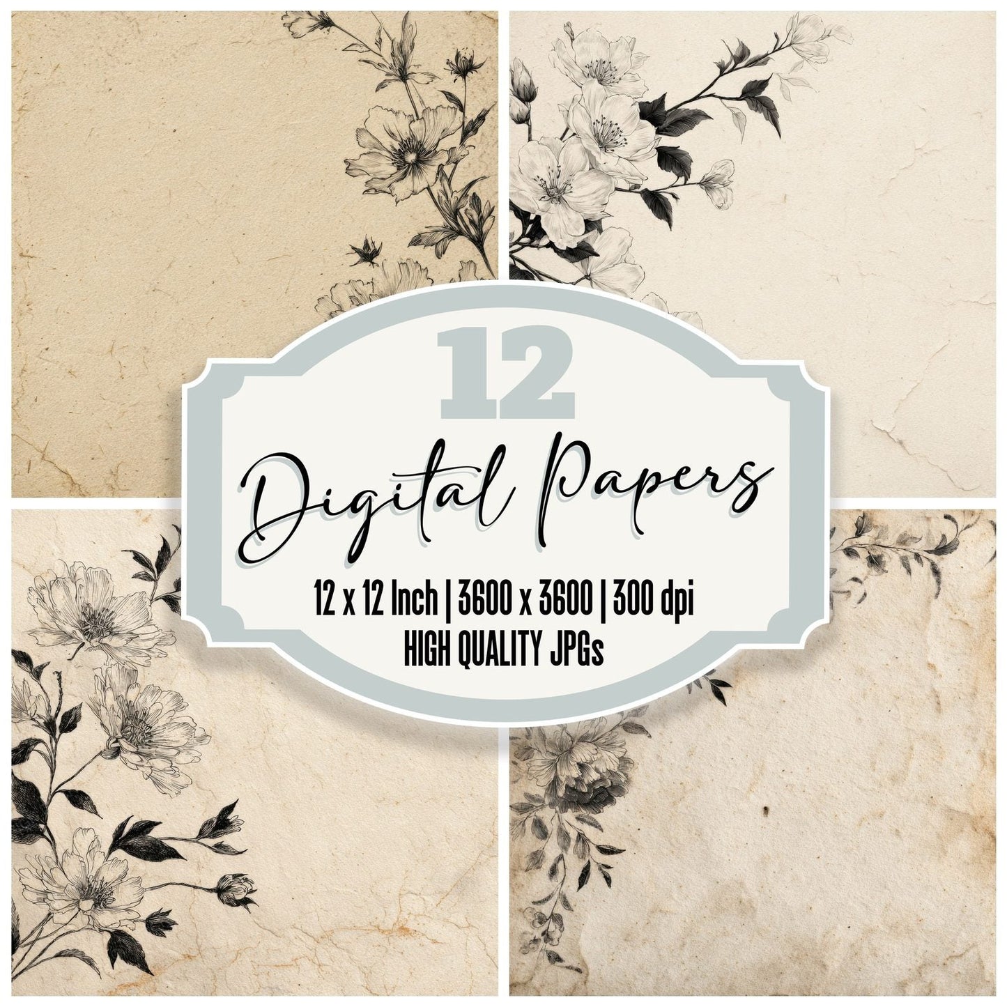 Cream Floral Sketch Digital Paper Pack (DDD001320)