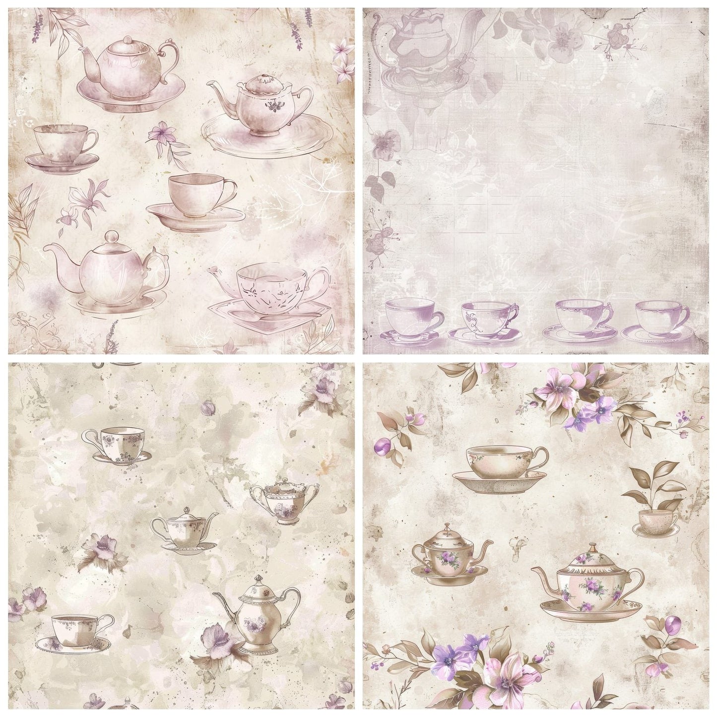 Cream Floral Teacups Digital Paper Pack (DDD001321)