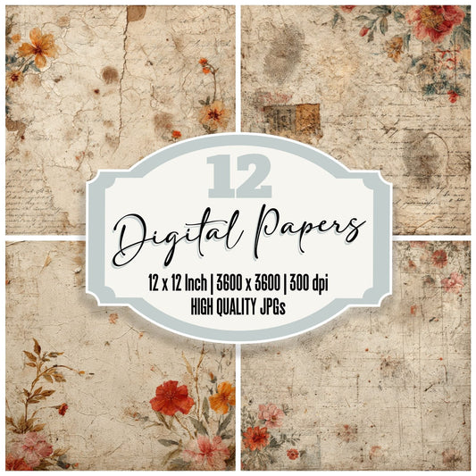 Cream Rust Label Floral Digital Paper Pack (DDD001327)