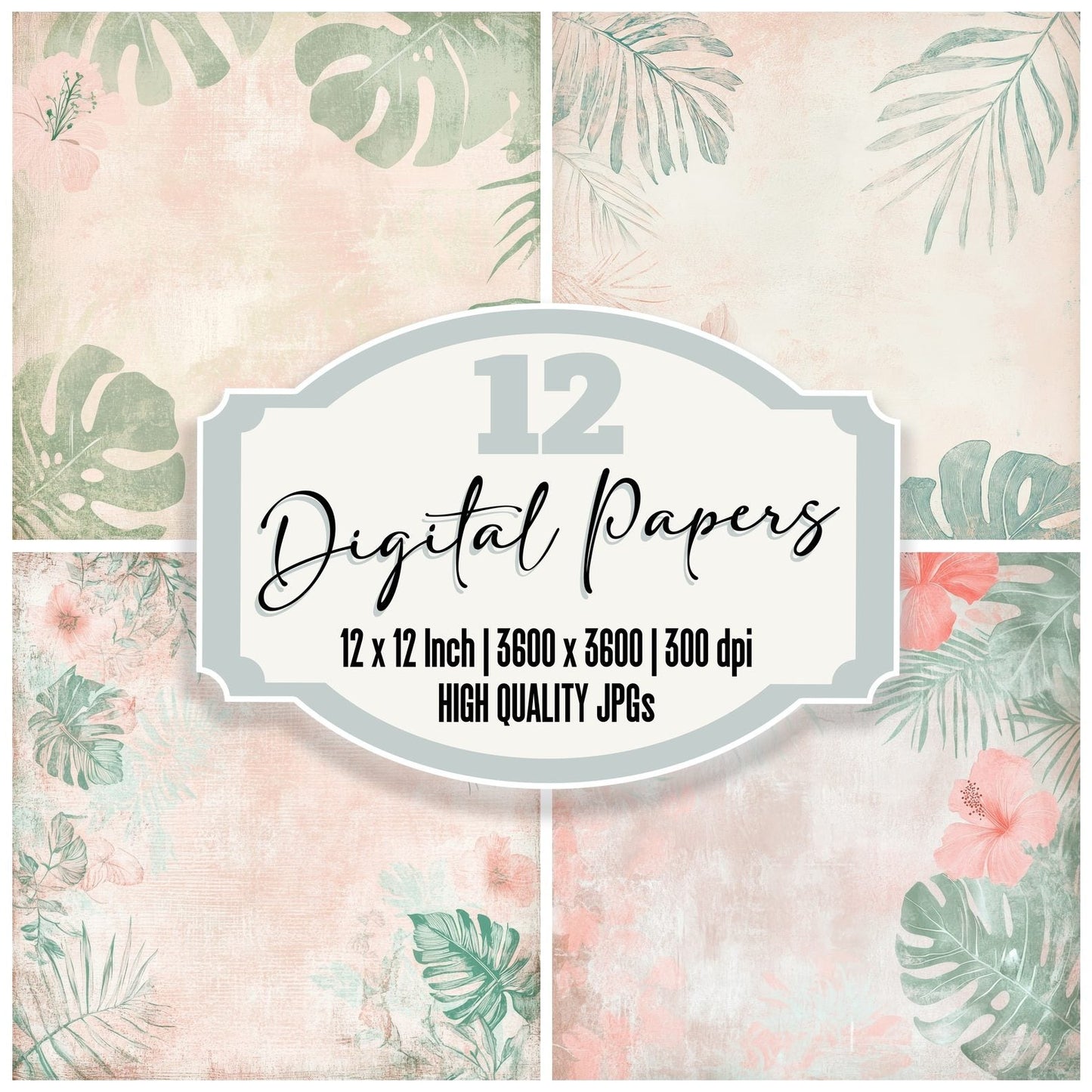 Creamy Pink Hibiscus and Monstera Digital Paper Pack (DDD001329)