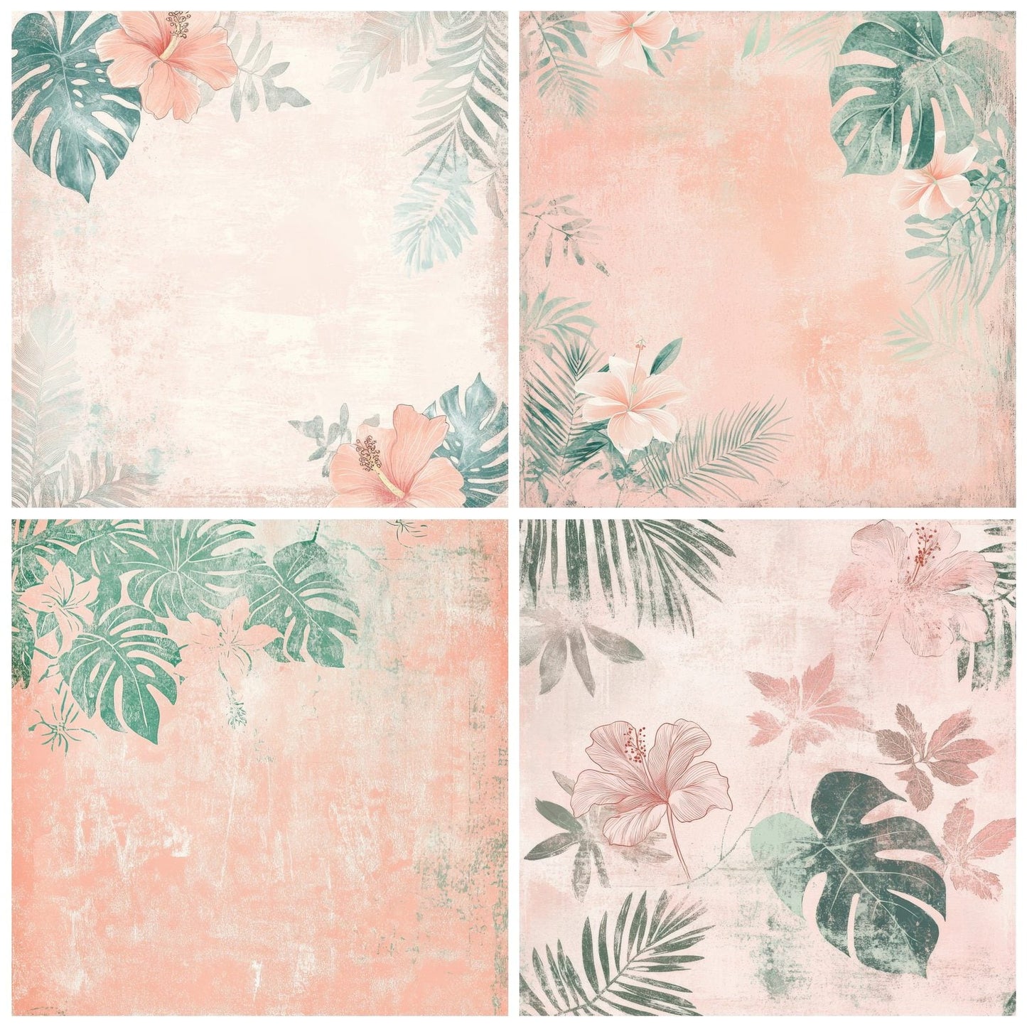 Creamy Pink Hibiscus and Monstera Digital Paper Pack (DDD001329)