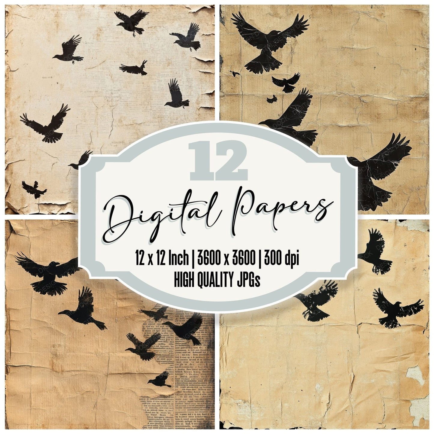 Crow Newspaper Border Digital Paper Pack (DDD001348)