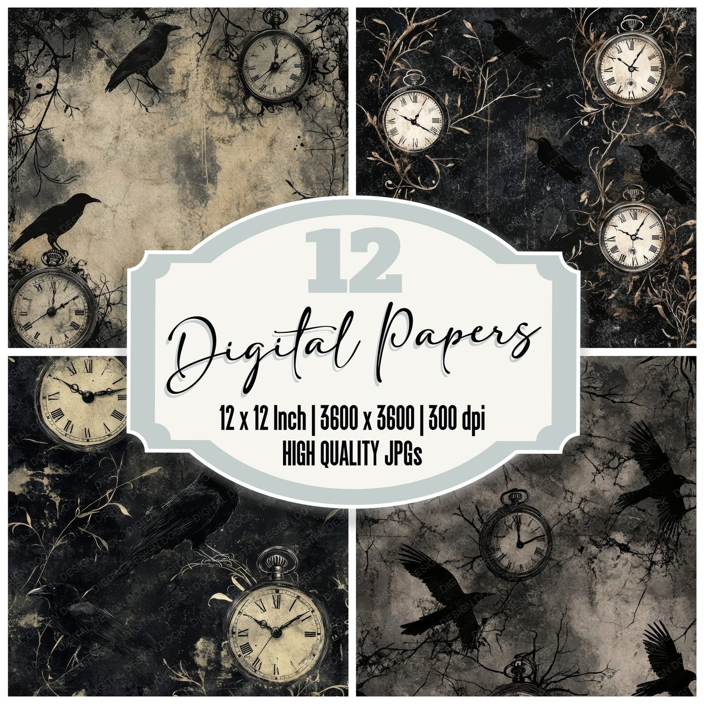 Crows and Pocket Watches Digital Paper Pack (DDD001350)