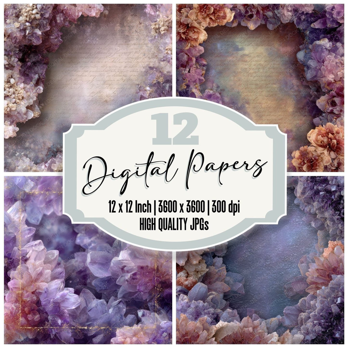 CrystalBorder Rose Amethyst Script Dust Digital Paper Pack (DDD001360)