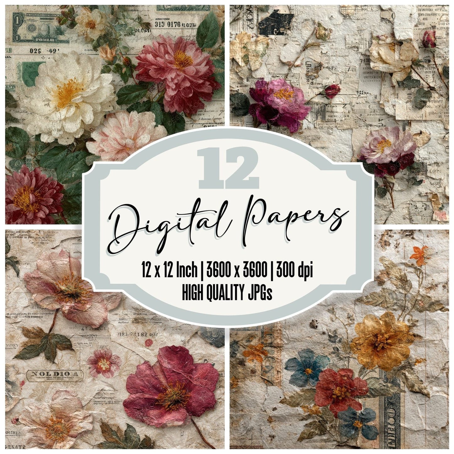 Currency Ledger Floral Fold Digital Paper Pack (DDD001365)