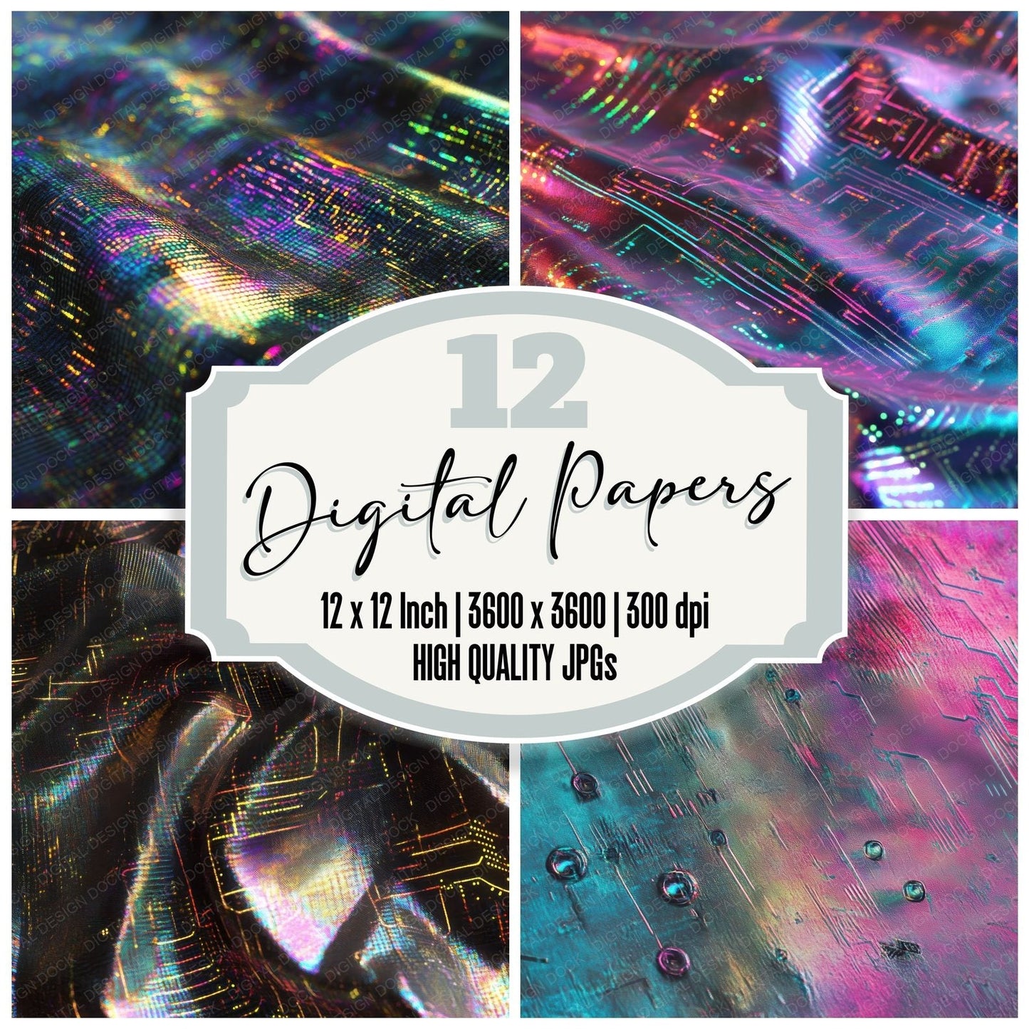 Cyberpunk Holographic Fabric Background Digital Paper Pack (DDD001377)