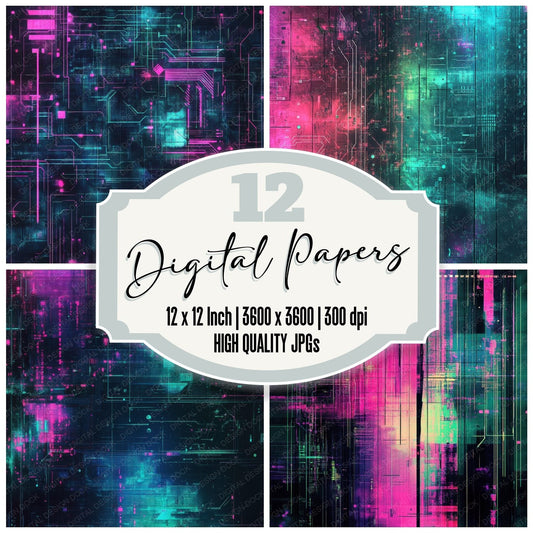 Cyberpunk Neon Grid Digital Paper Pack (DDD001378)