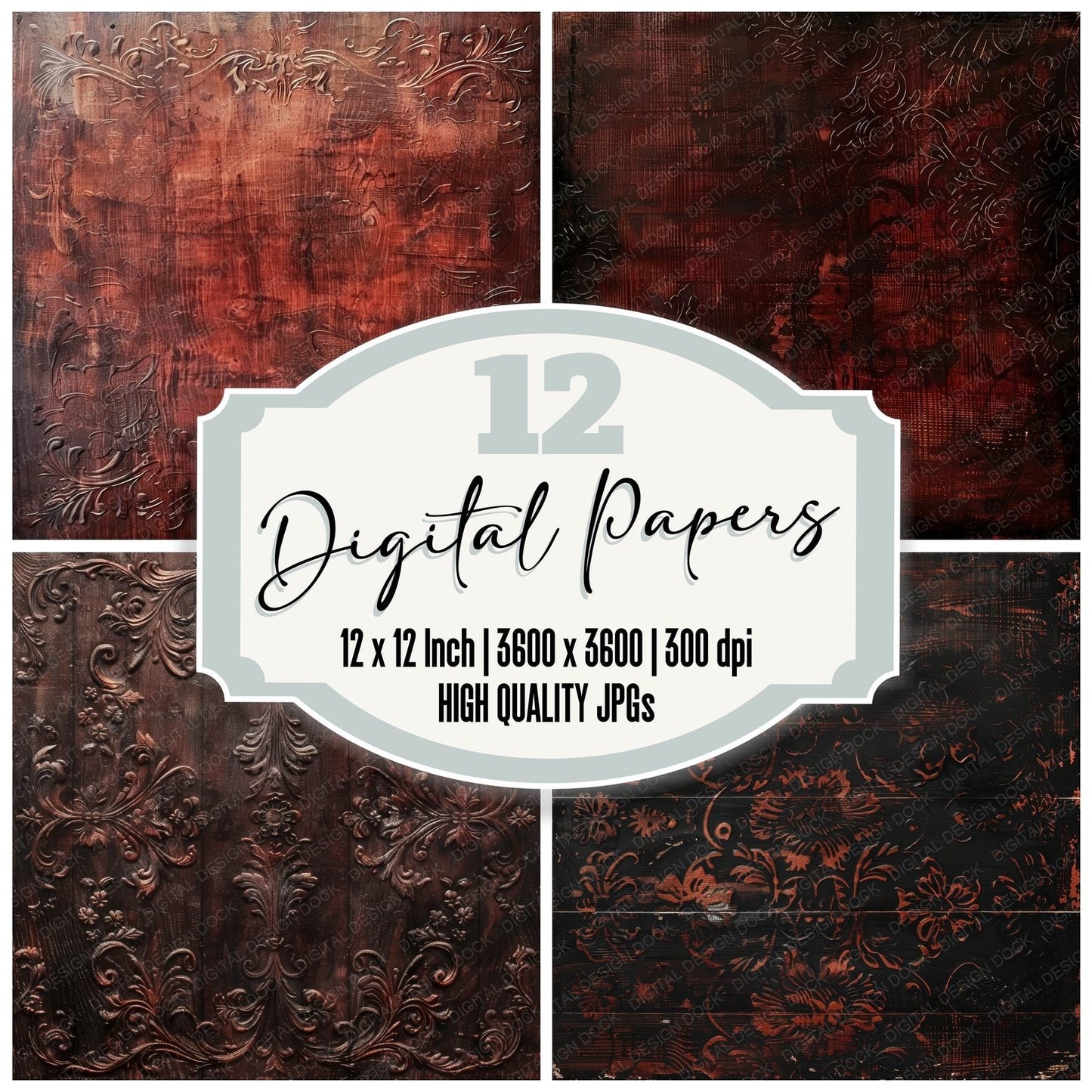 Dark Mahogany Floral Carvings Digital Paper Pack (DDD001401)