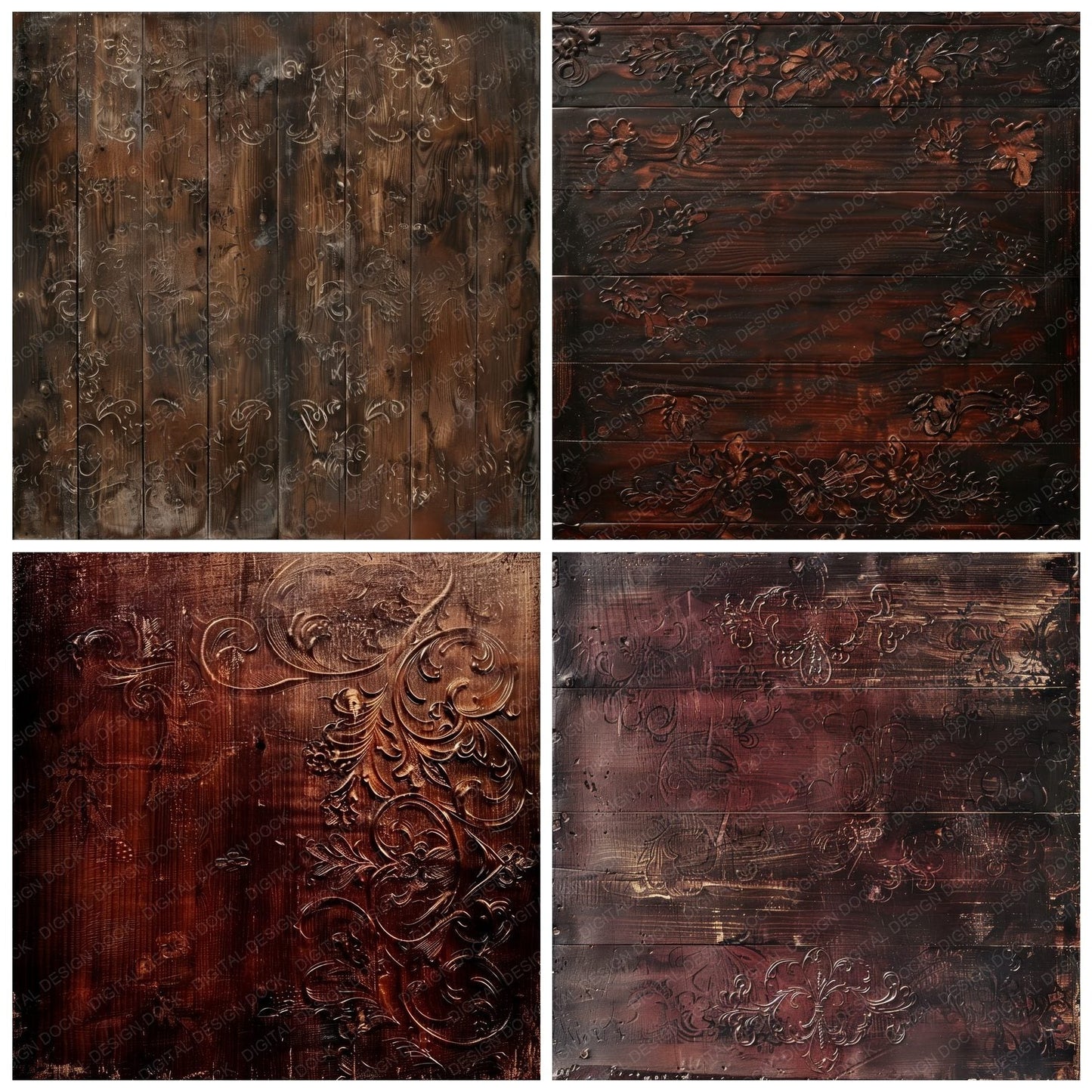 Dark Mahogany Floral Carvings Digital Paper Pack (DDD001401)