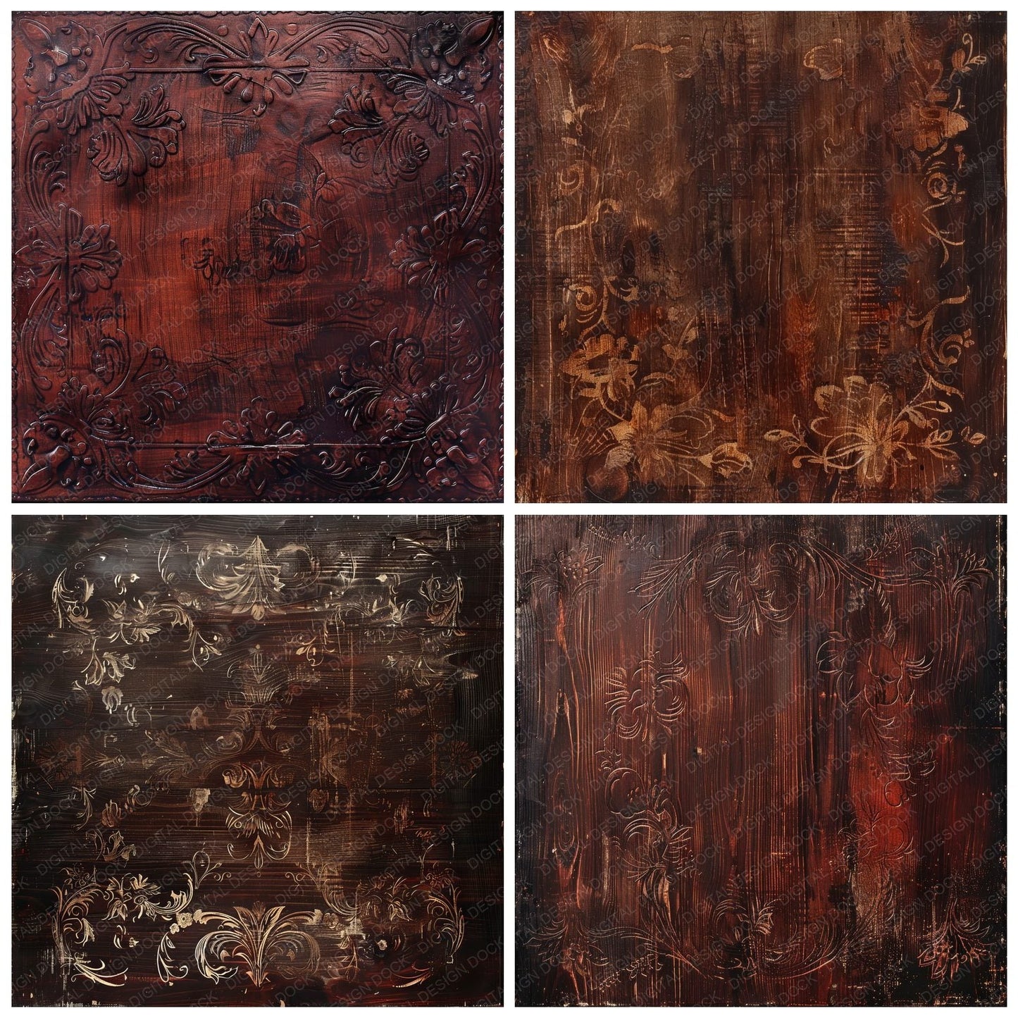 Dark Mahogany Floral Carvings Digital Paper Pack (DDD001401)