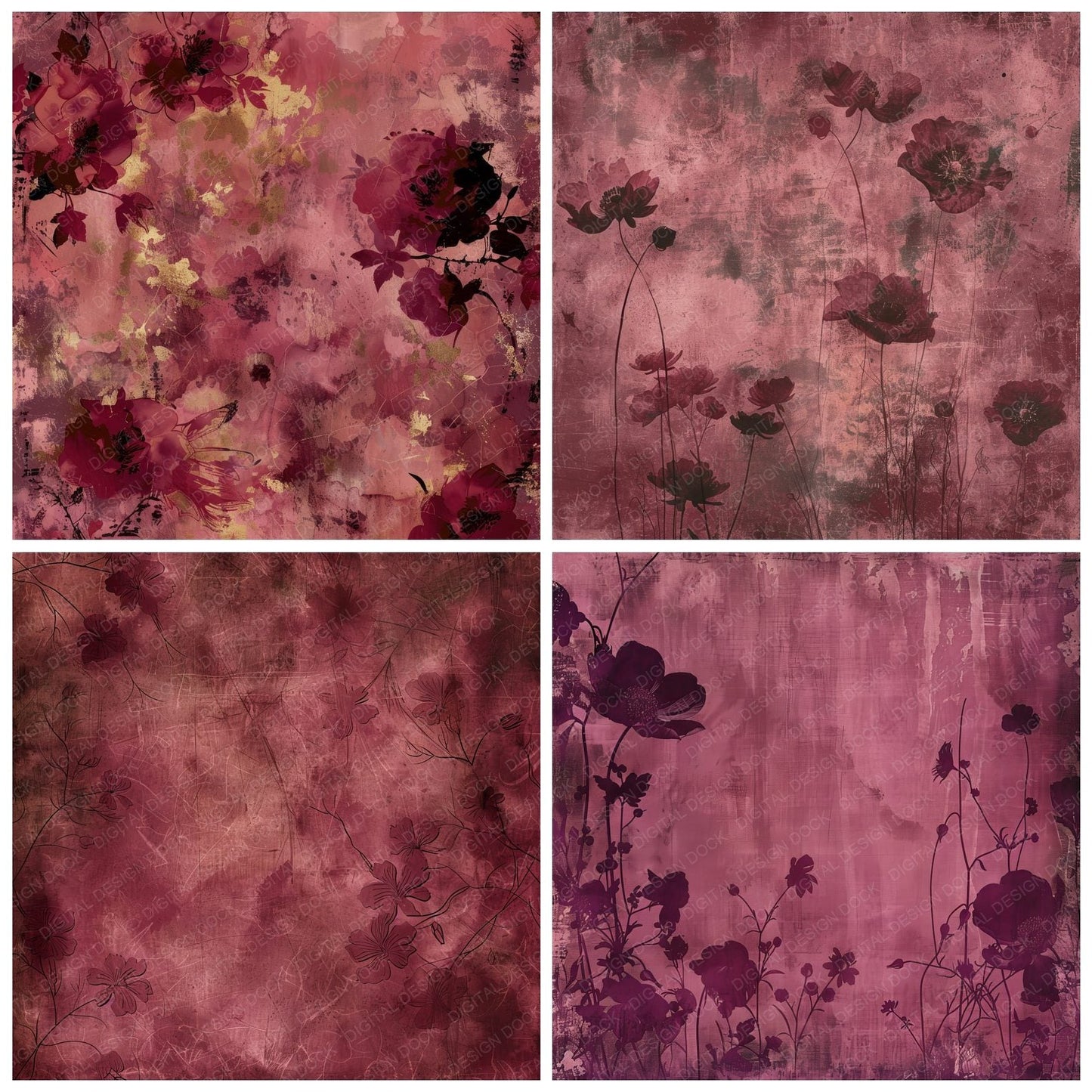 Deep Burgundy Floral Digital Paper Pack (DDD001418)