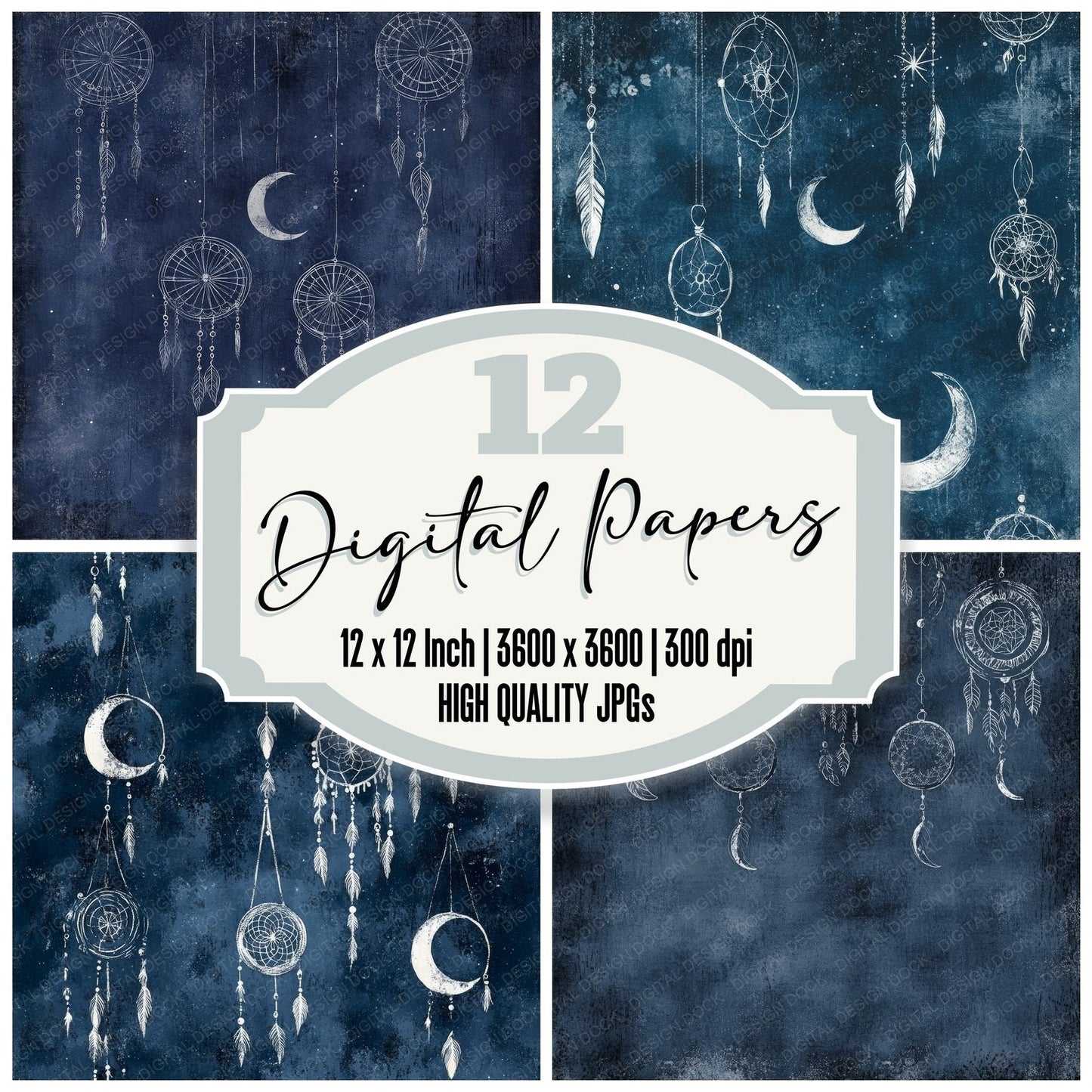 Deep Navy Boho Dreamcatchers Digital Paper Pack (DDD001424)