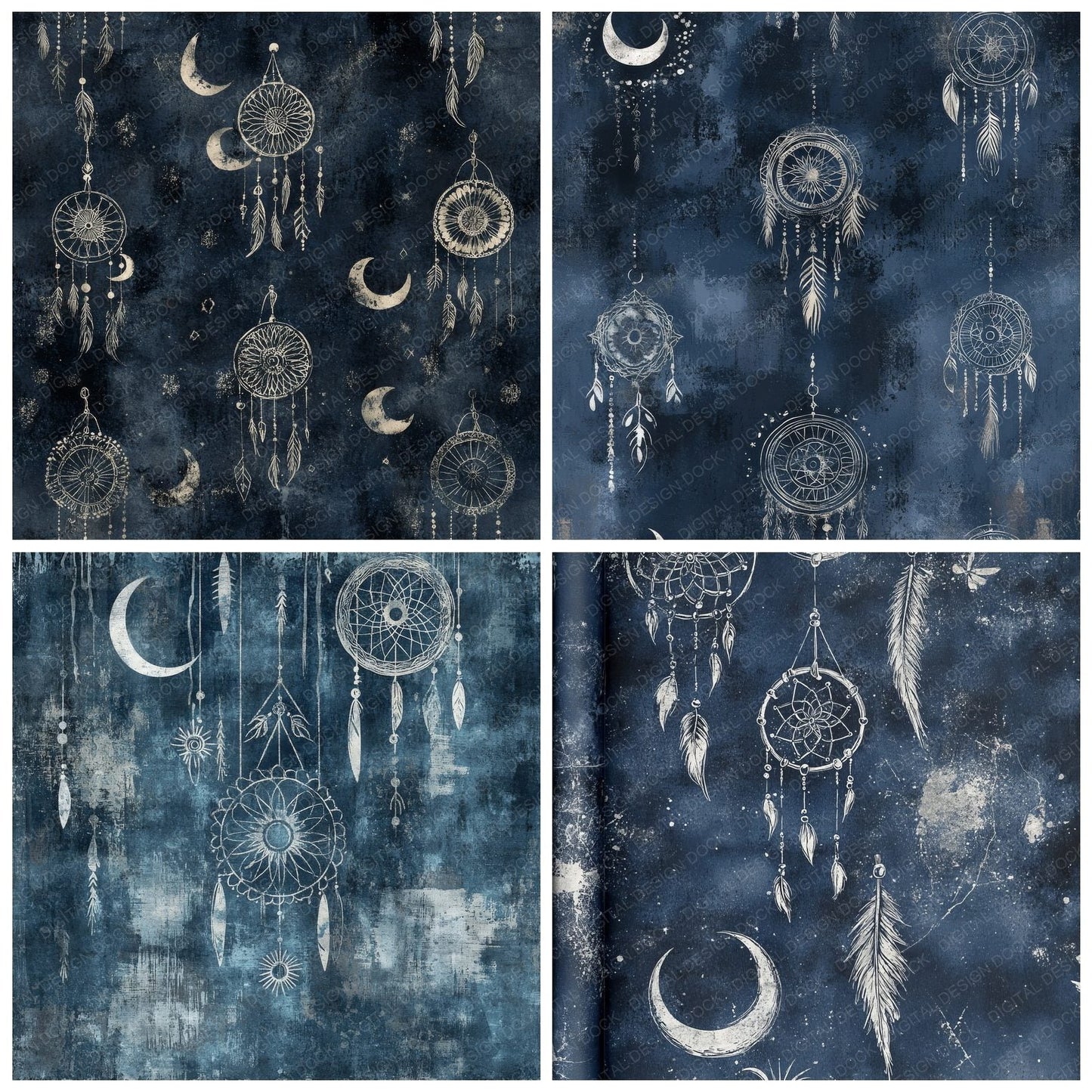 Deep Navy Boho Dreamcatchers Digital Paper Pack (DDD001424)