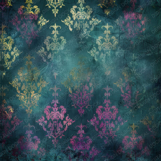 Deep Teal and Magenta fleur-de-lis Pattern Digital Paper Pack (DDD001427)