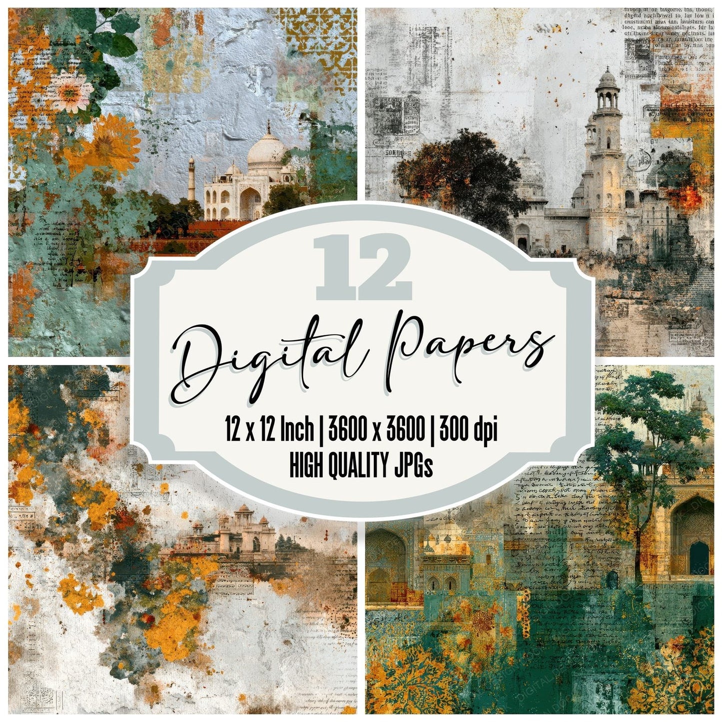 Delhi Collage Saffron Map Temple Digital Paper Pack (DDD001433)