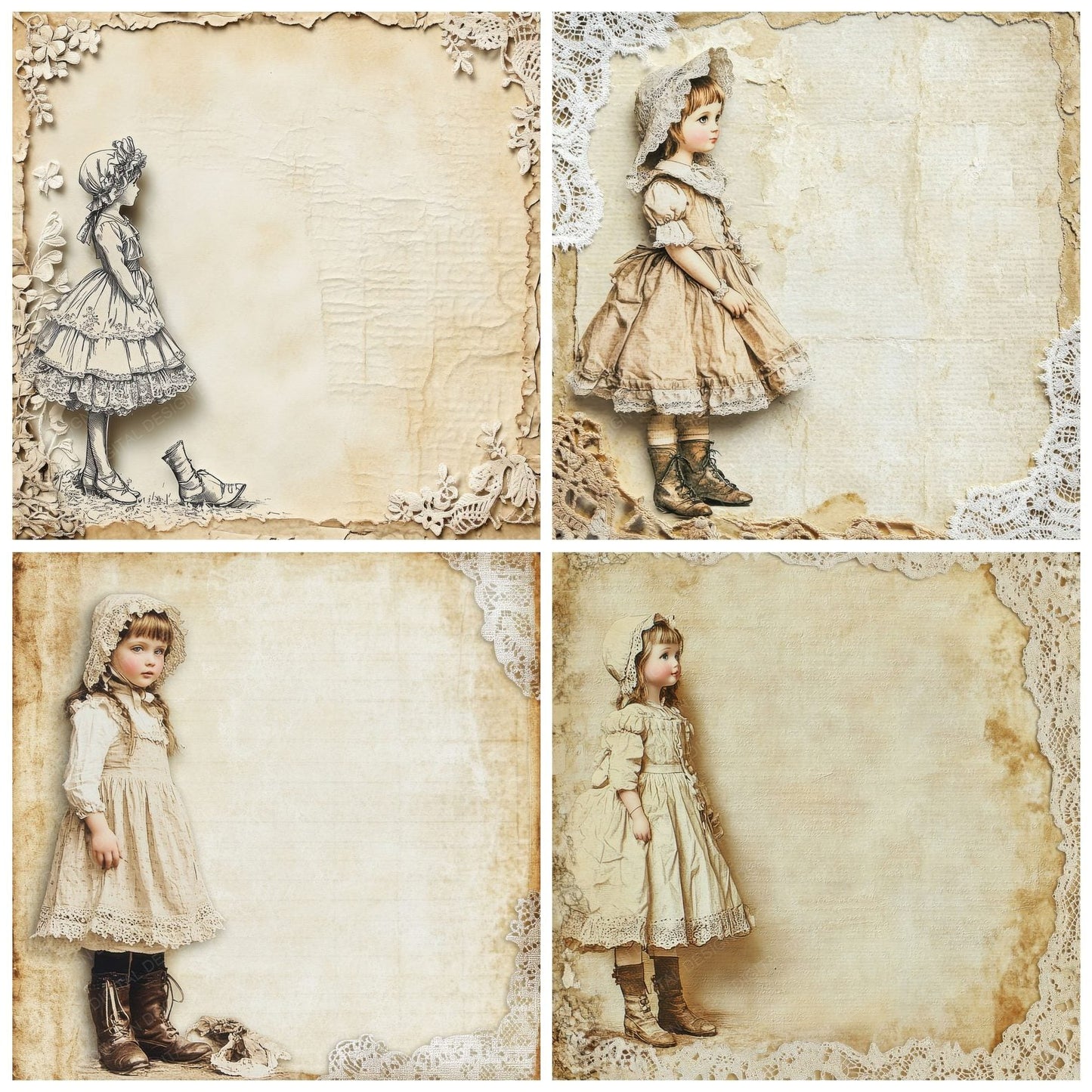 Doll Bonnet Cutout Frame Digital Paper Pack (DDD001473)