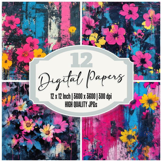 Dripping Neon Florals Digital Paper Pack (DDD001505)