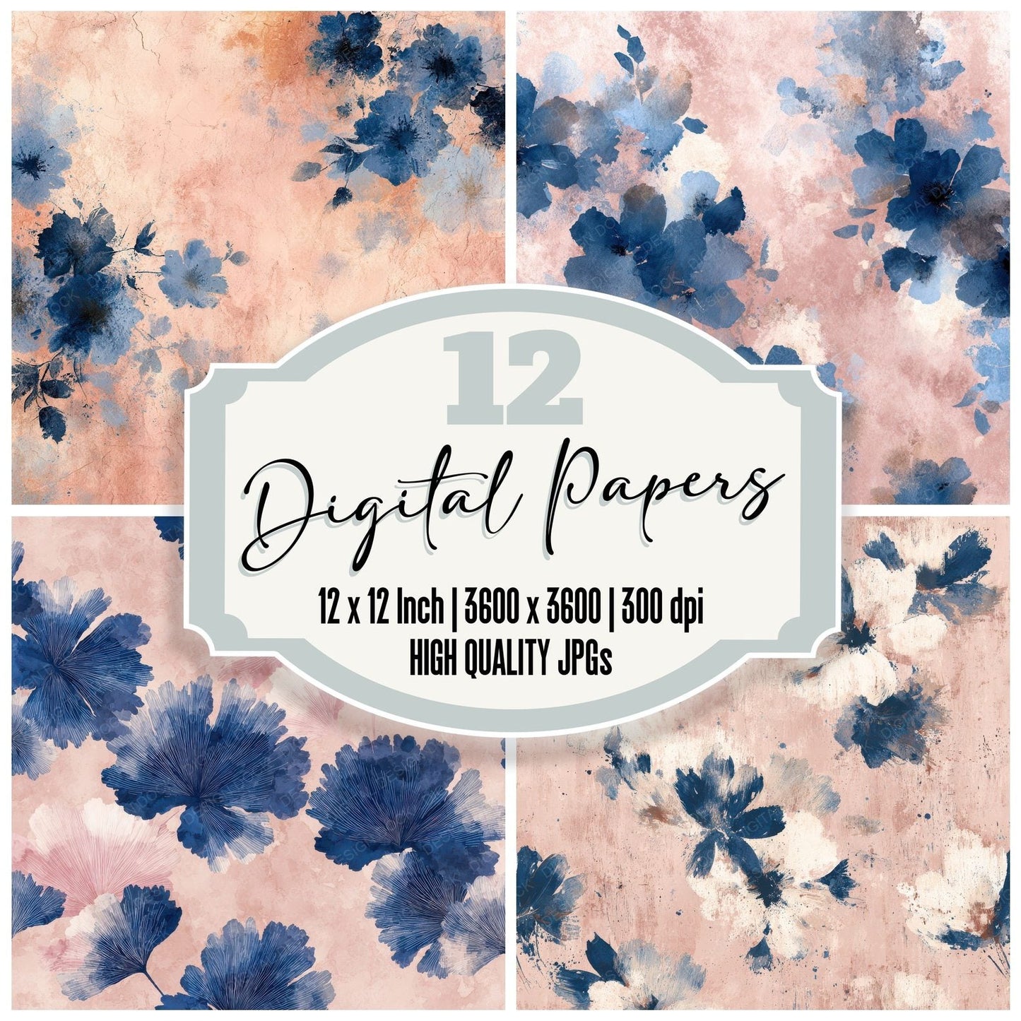 Dusty Rose Indigo Petals Digital Paper Pack (DDD001530)