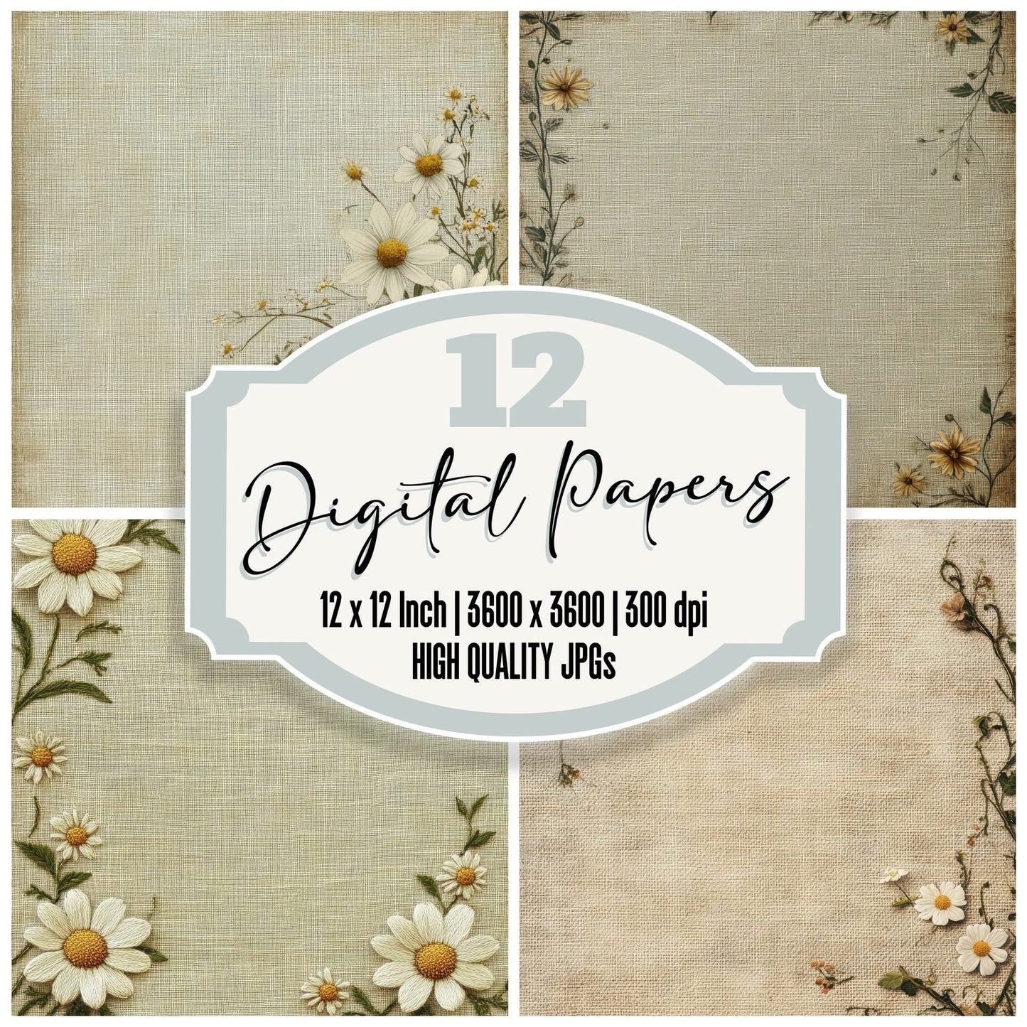 Embroidered Daisy Linen Digital Paper Pack (DDD001563)