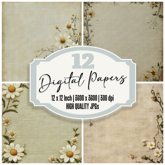 Embroidered Daisy Linen Digital Paper Pack (DDD001563)