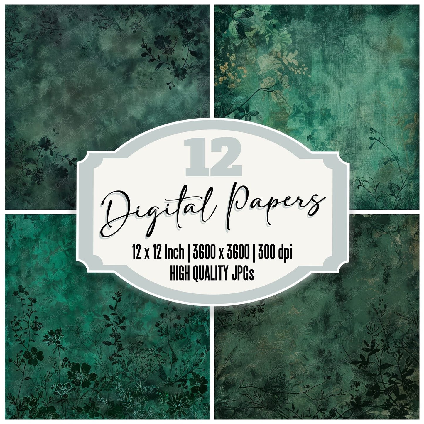 Emerald Green Botanical Pattern Digital Paper Pack (DDD001568)