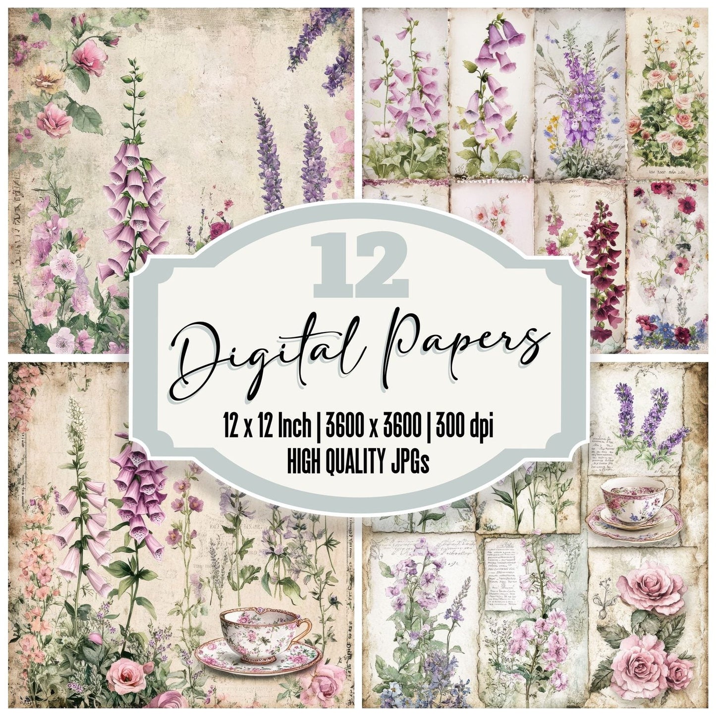 England Foxglove Lavender Roses Digital Paper Pack (DDD001602)