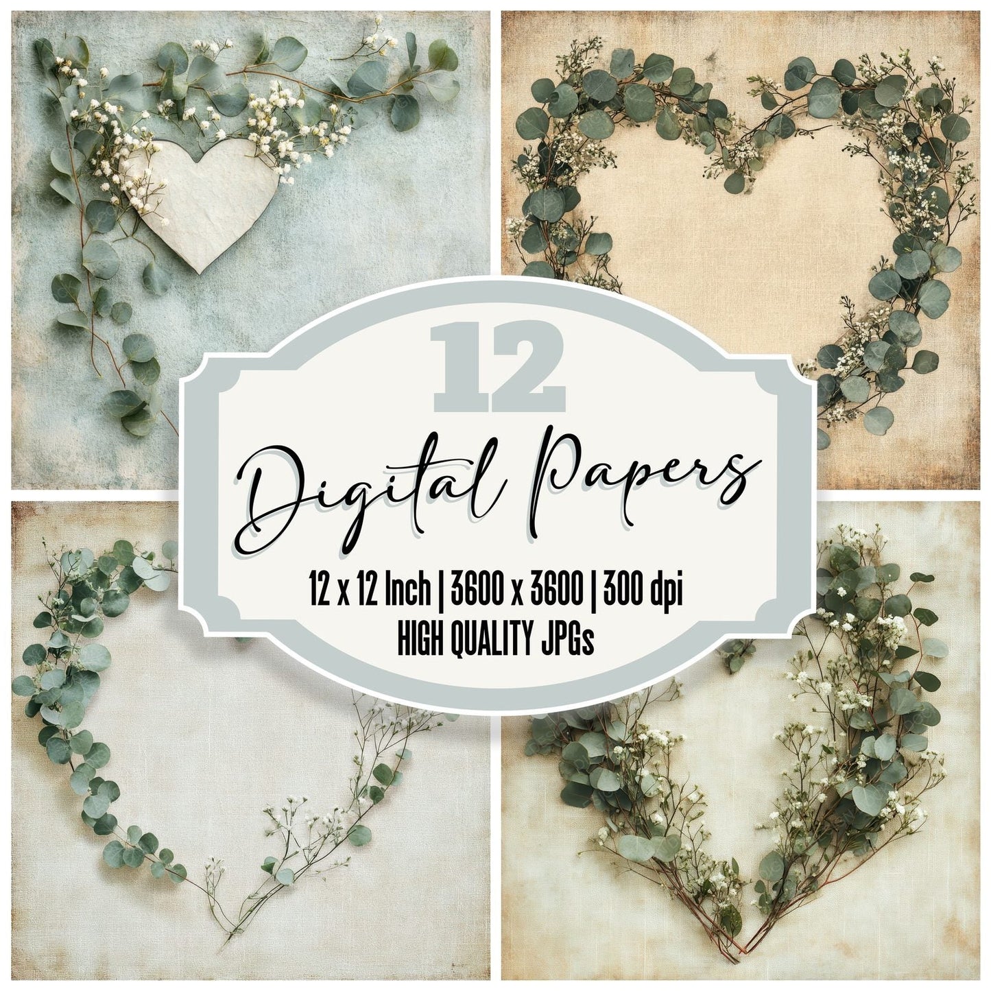 Eucalyptus Herb Heart Digital Paper Pack (DDD001618)