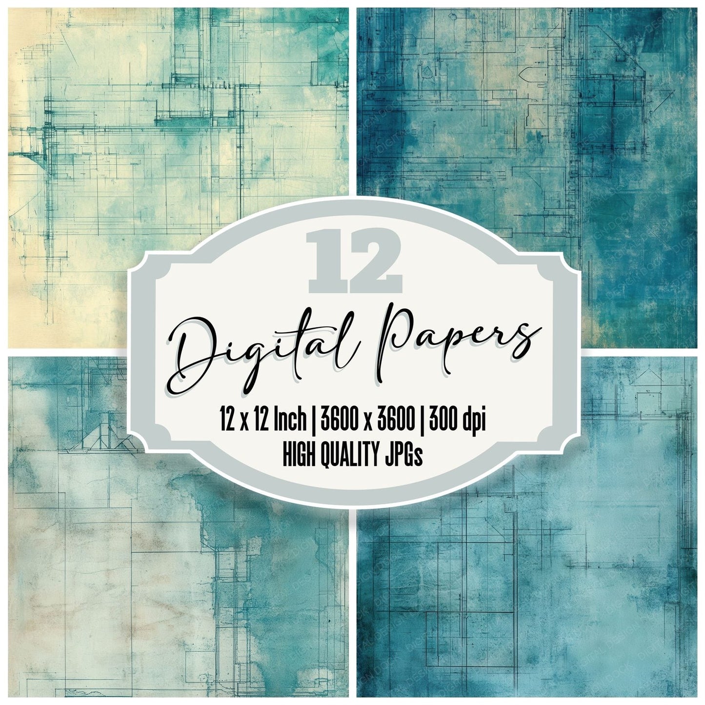 Faded Blueprints Ink Background Digital Paper Pack (DDD001639)