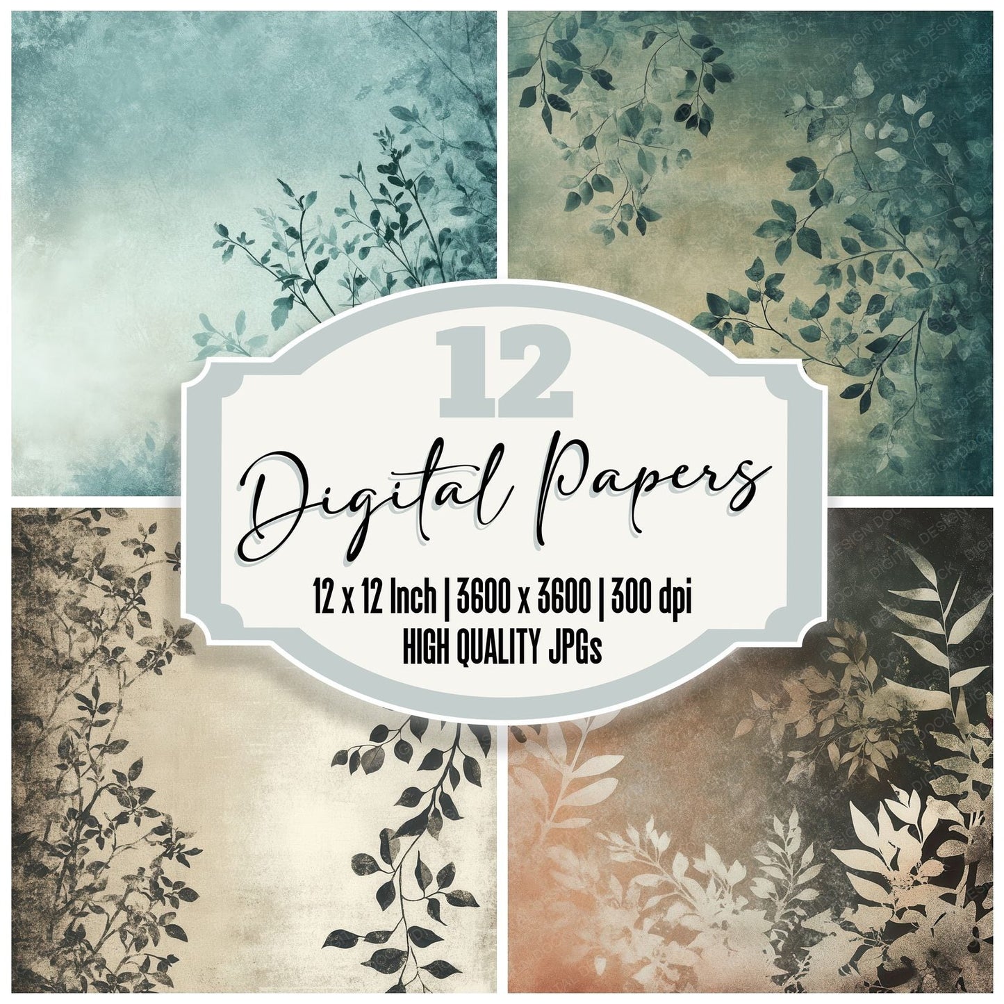 Faded Gritty Botanical Background Digital Paper Pack (DDD001650)