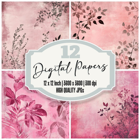 Faded Gritty Pink Floral Background Digital Paper Pack (DDD001651)