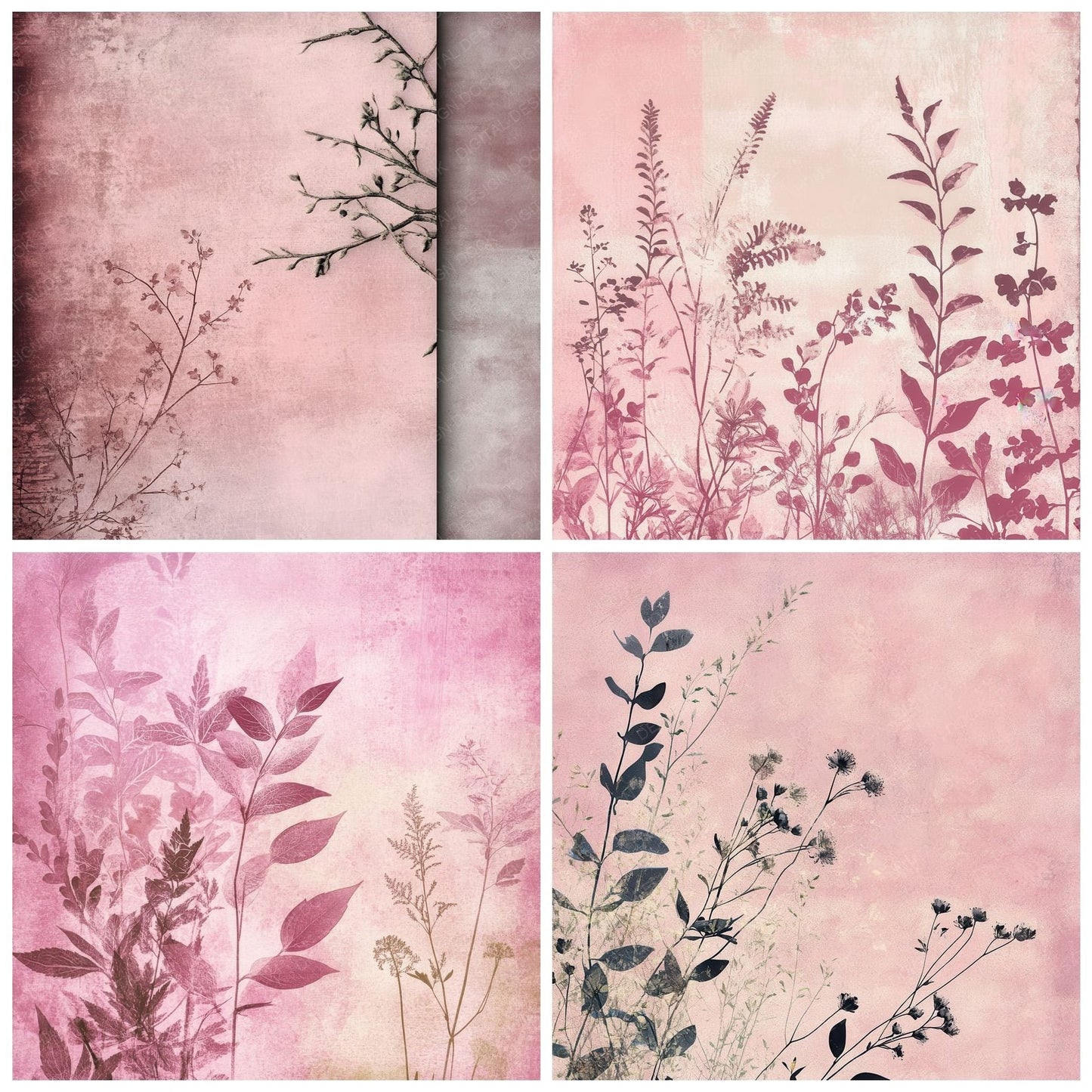 Faded Gritty Pink Floral Background Digital Paper Pack (DDD001651)